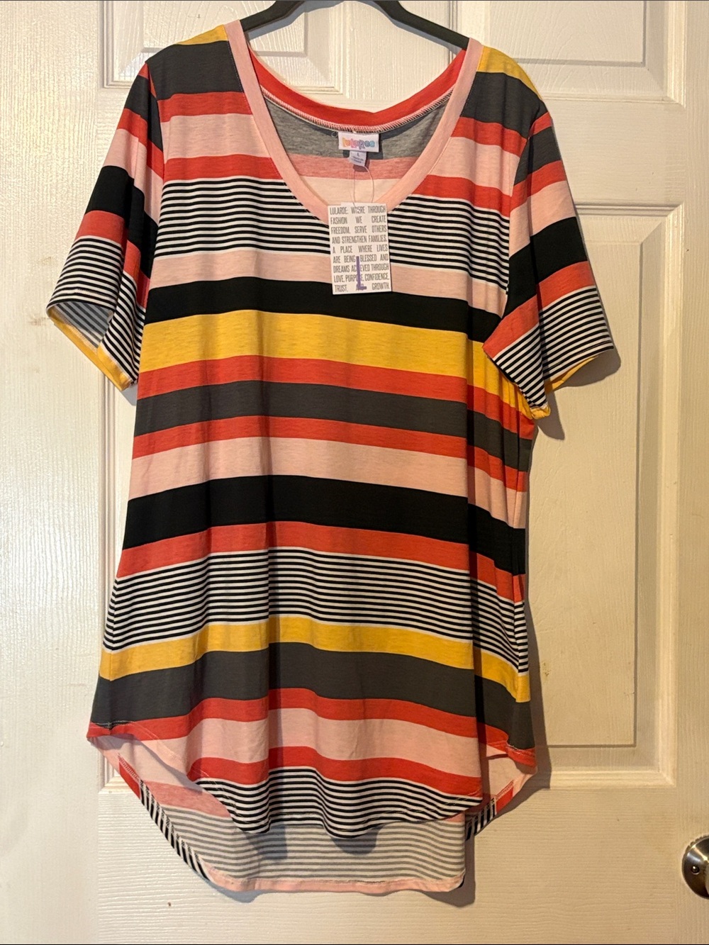 LuLaRoe Iris Short-Sleeve V-Neck Top in Pink, Black, Yellow & Coral Stripes